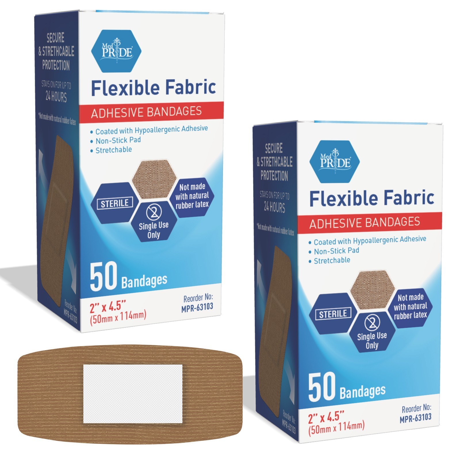 MED PRIDE Sterile Fabric Adhesive Bandages 2×4.5 Hypoallergenic Latex-Free 100+