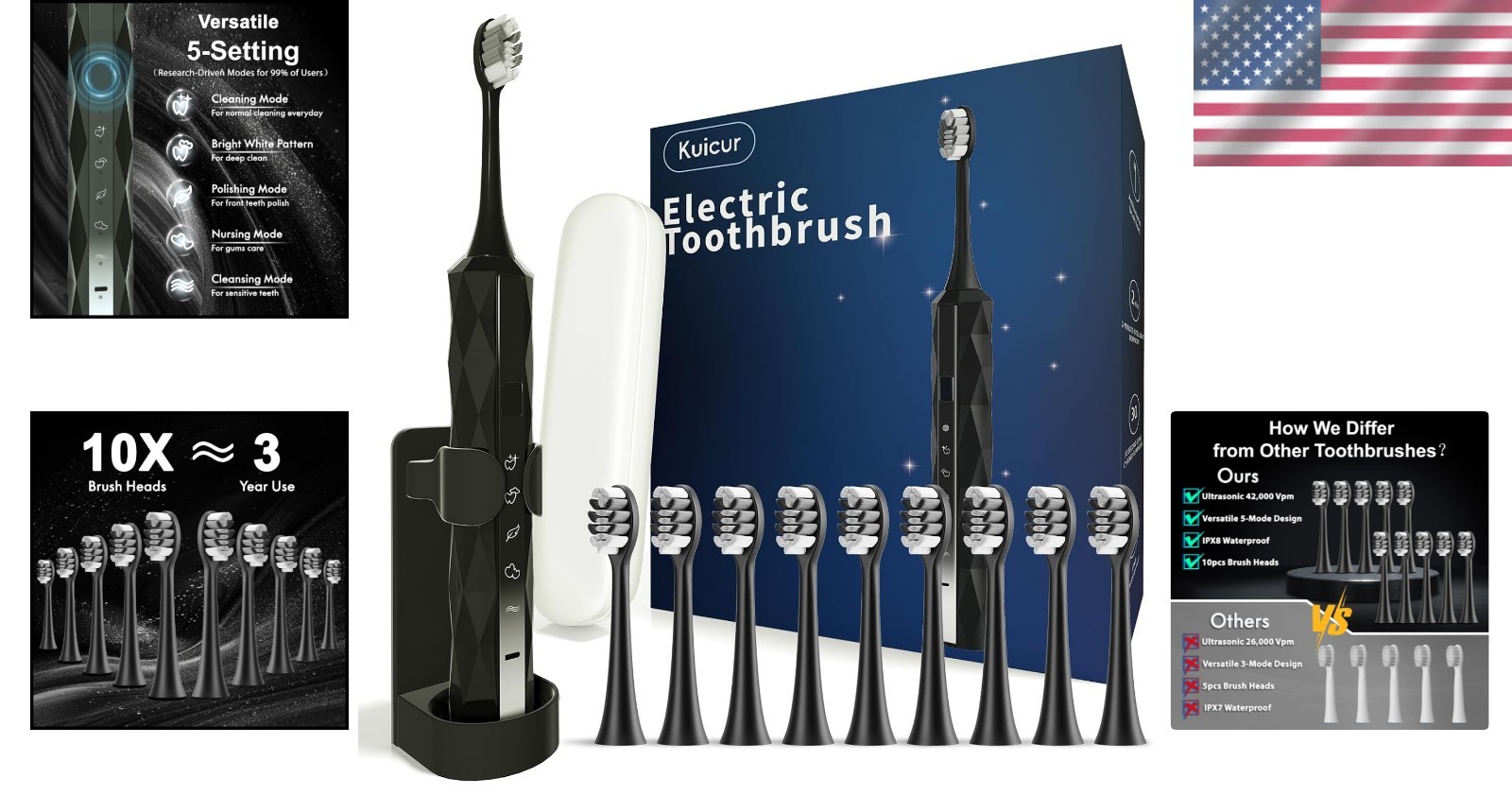 Sonic Diamond Electric Toothbrush for Adults & Kids – 10 Heads & Travel Case