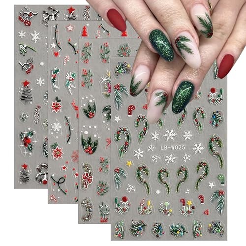 4Pcs Christmas Nail Art Stickers 5D Embossed Nail Decals Winter Christmas Tree