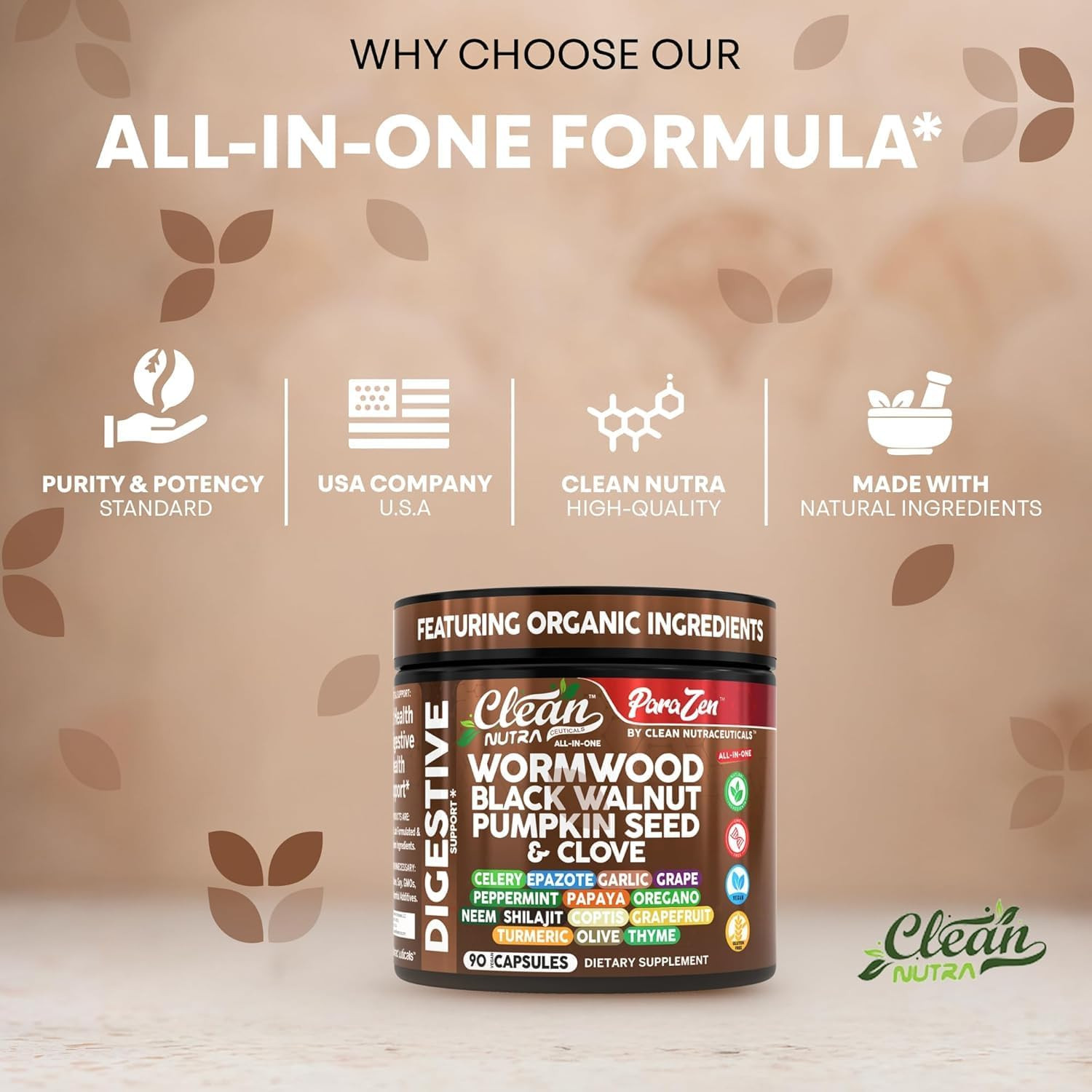 Clean Nutra Wormwood Black Walnut Pumpkin Seed Clove Oil Celery Garlic Grape Pap