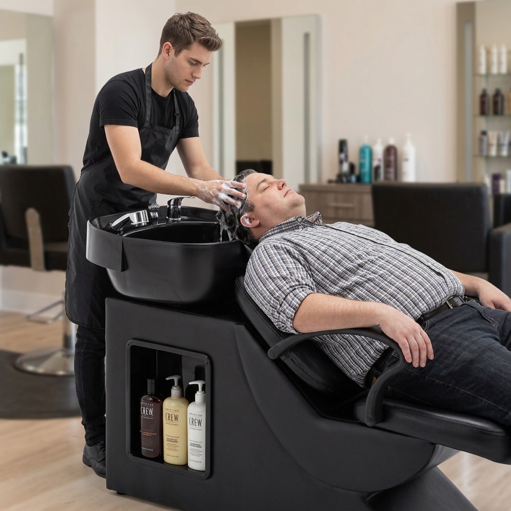 Salon Shampoo Bowl and Chair Set ABS Sink PU Leather Black