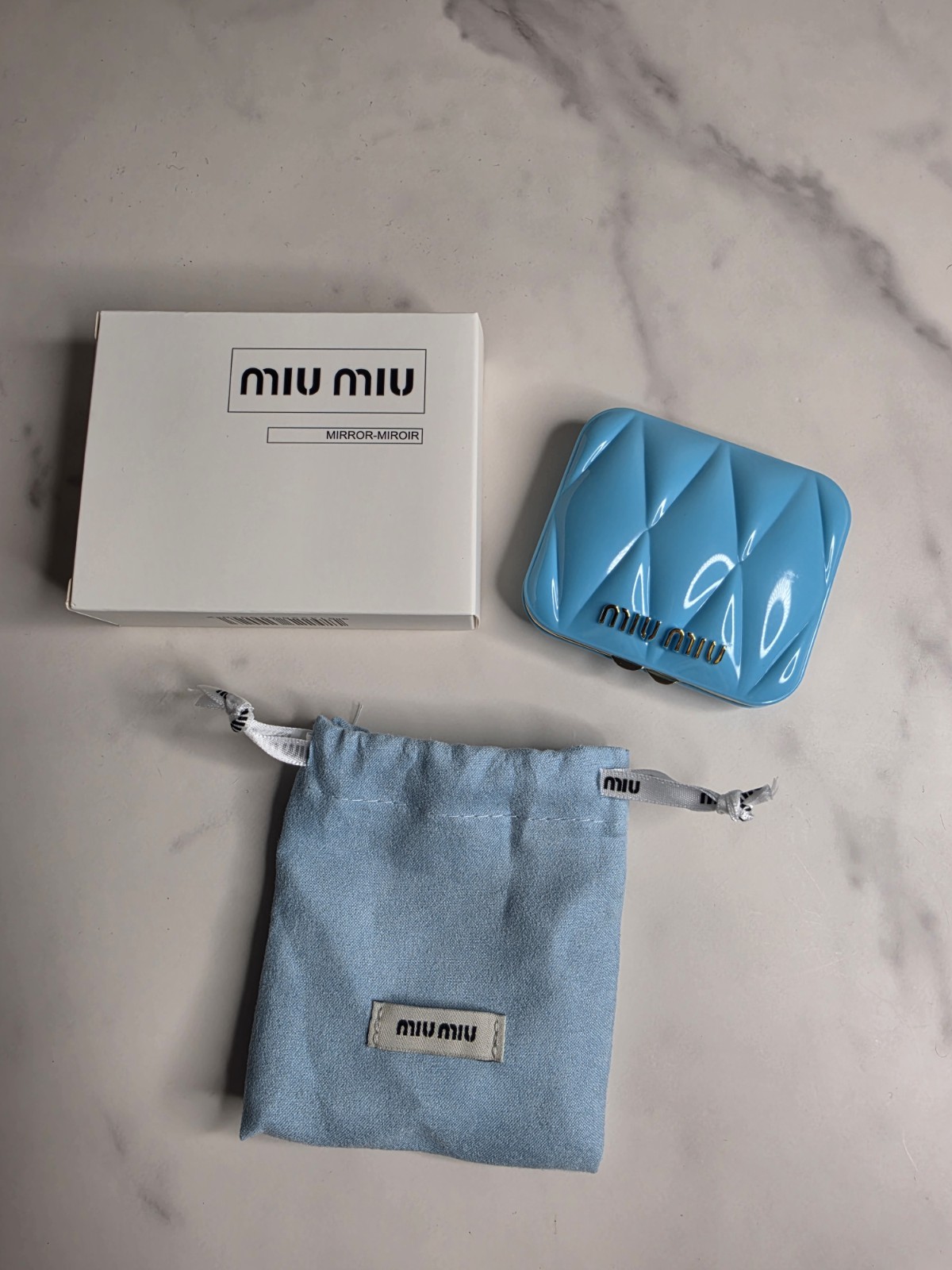 Miu Miu Blue Folding Compact Makeup Mirror, Gold Tone Metal Frame, Box
