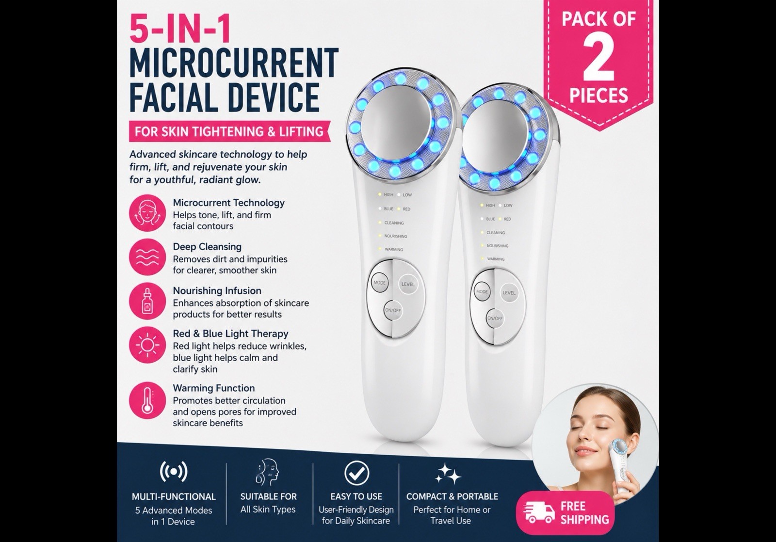 5-in-1 Microcurrent Facial Massager Red/Blue LED, Warming, USB Rechargeable 2pk