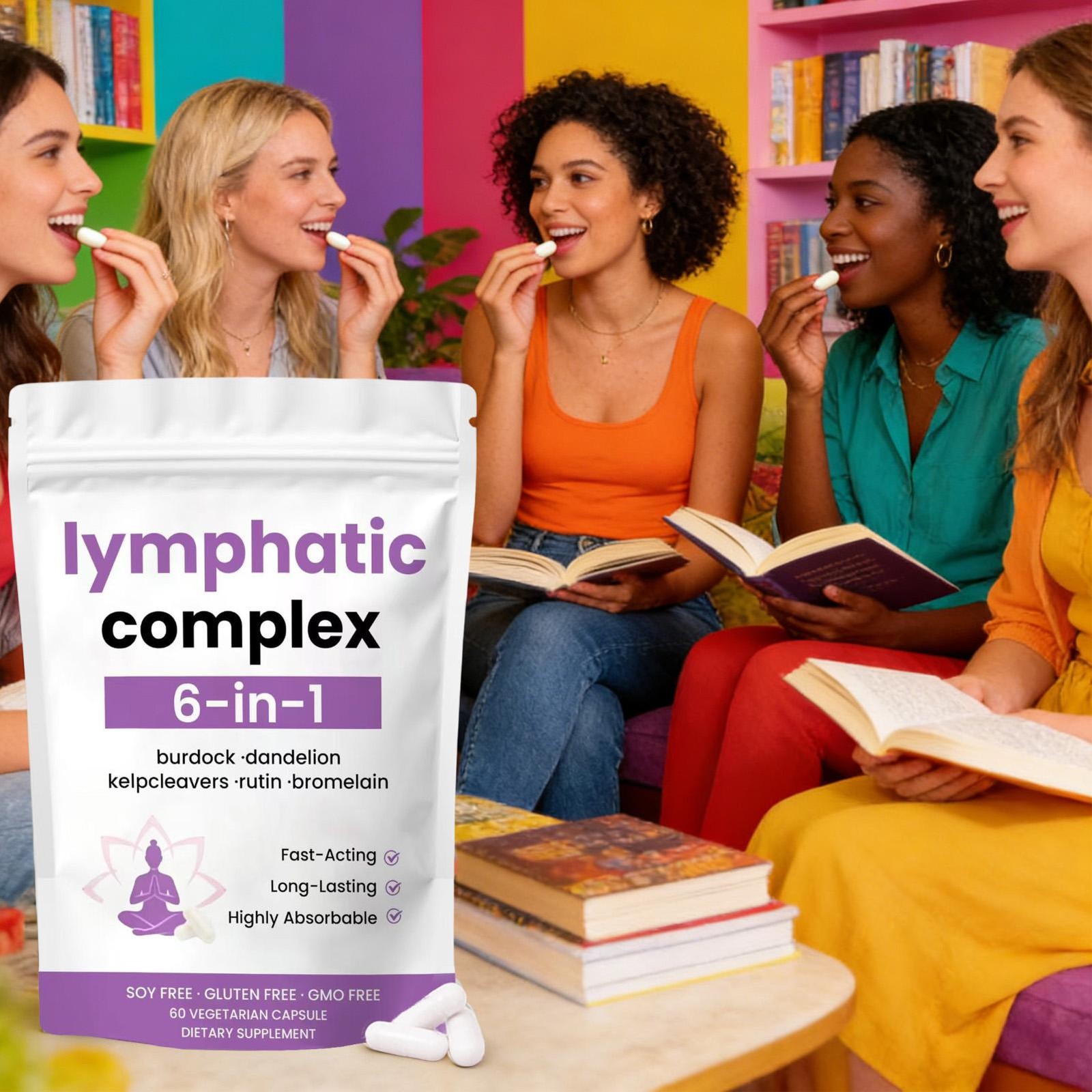 6-in-1 Lymphatic Complex Drainage Supplement Dandelion Burdock Bromelain Kelp