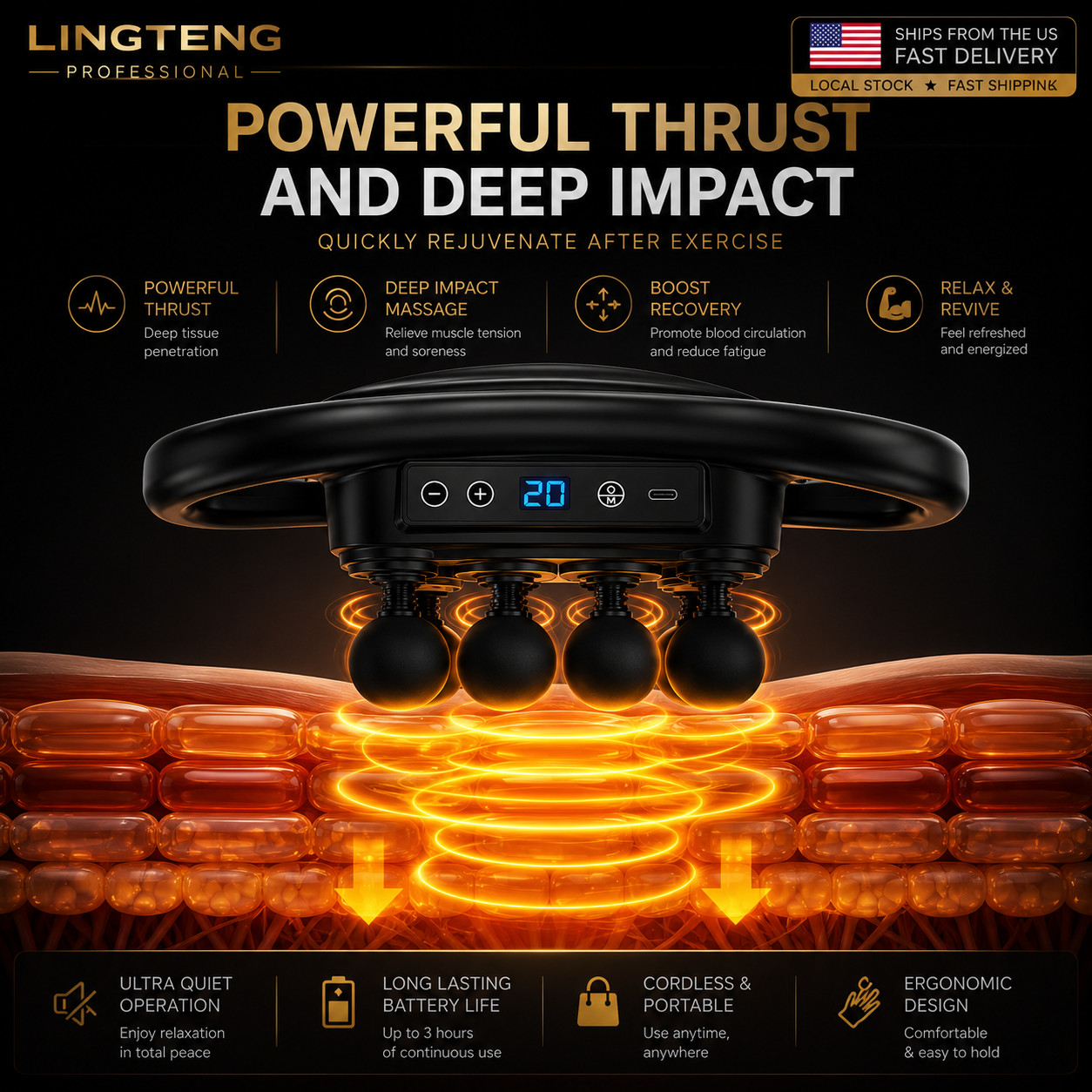 LINGTENG Professional 6-Head Deep Tissue Massager Gun Heated Muscle Therapy Pro