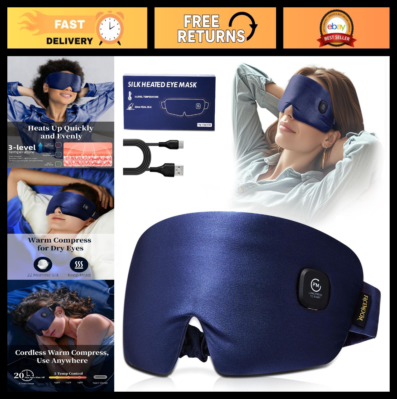 Cordless Heated Eye Mask for Dry Eyes – Warm Compress, Rechargeable, Washable |