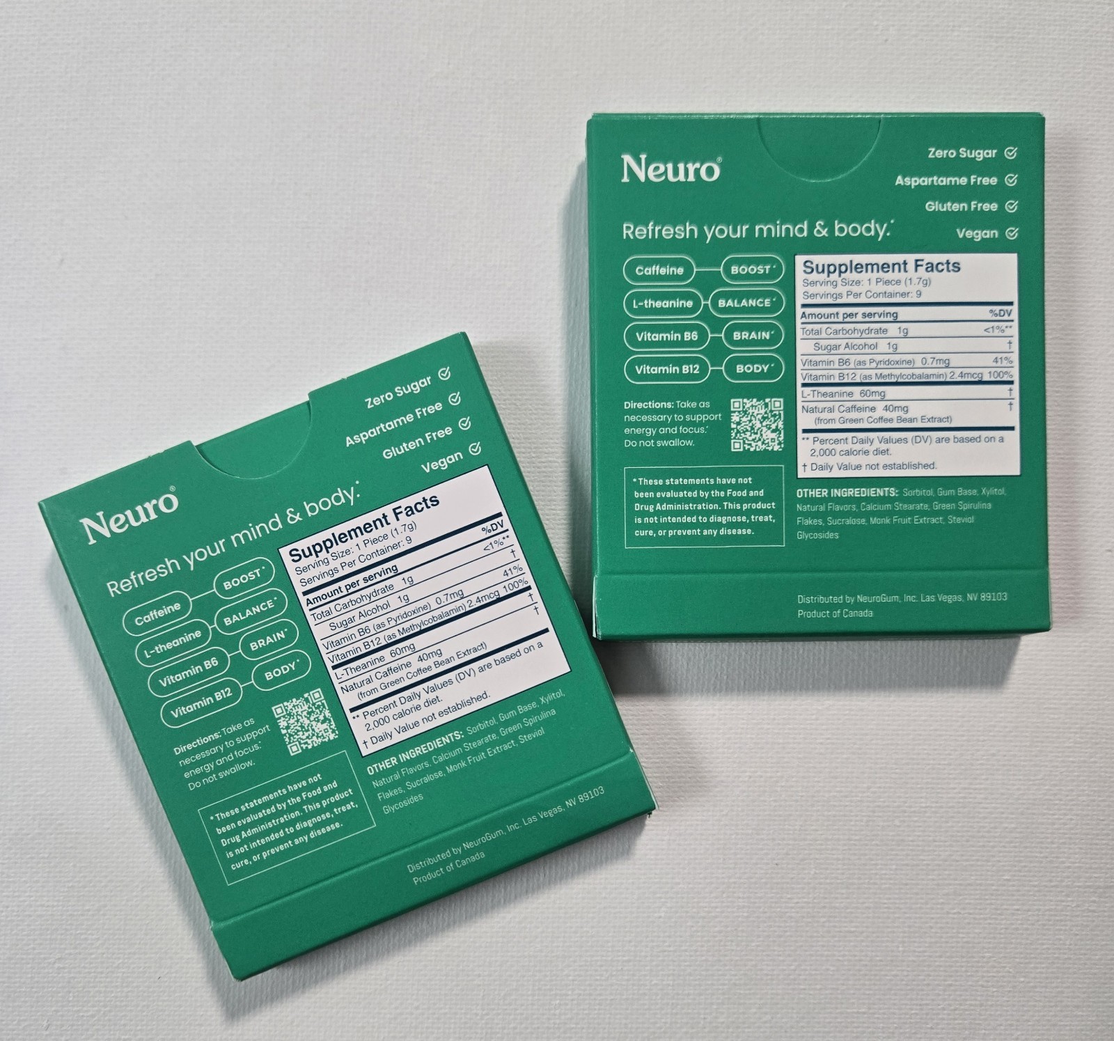 Neuro Gum L-theanine B-12 Nootropics Caffeine 2pk 18 pcs New Spearmint Flavor