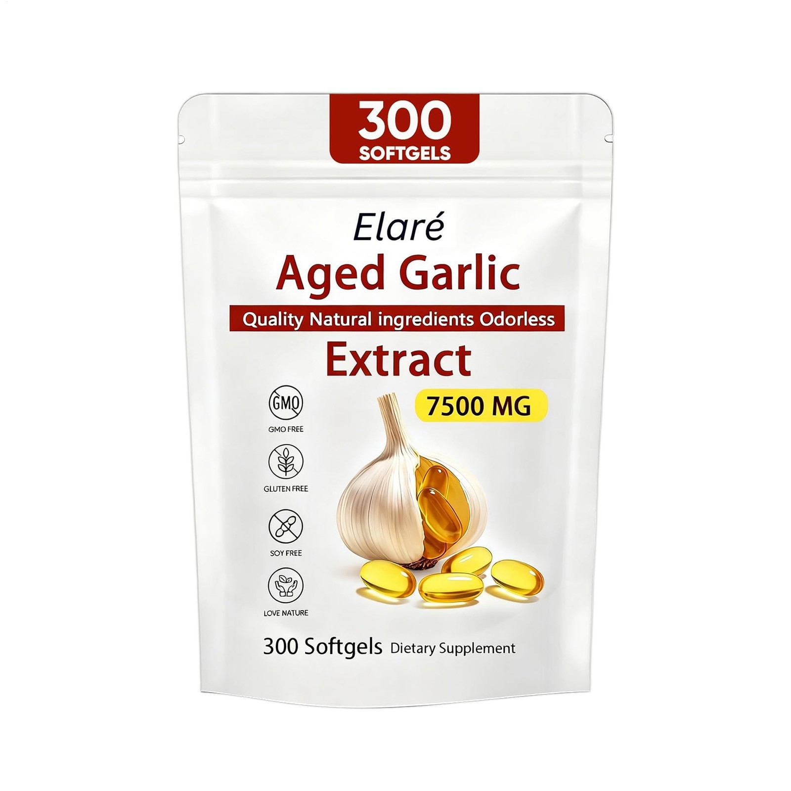 Elare Aged Garlic Heart Immune Softgels, Odorless 7500mg Extract, & 300 Pack 1-