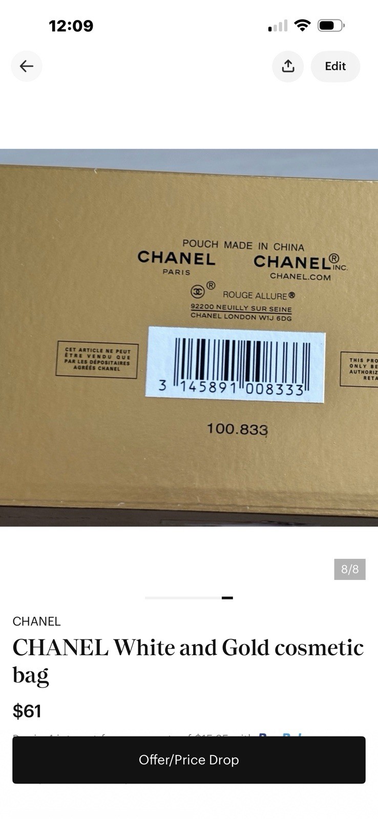 CHANEL BEAUTE Makeup Bag Zipper Closure White Gold Fabric Pouch