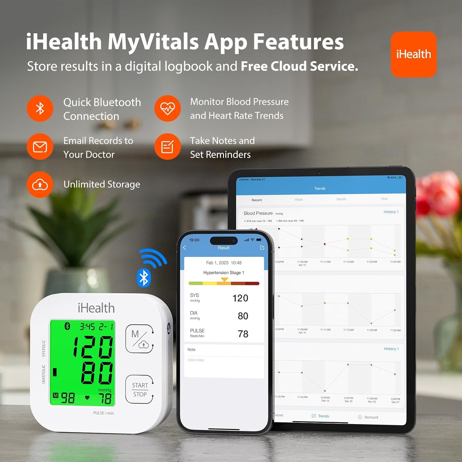 Track Smart Upper Arm Blood Pressure Monitor with Wide Range Cuff That Fits Stan