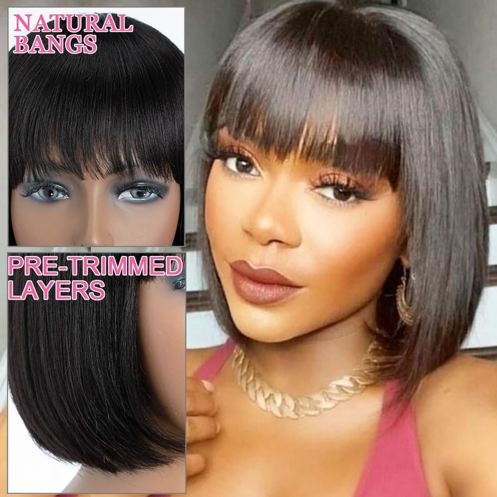 Short Bob Human Hair Wig with Bangs None Lace Front Wigs Brazilian Straight Hair