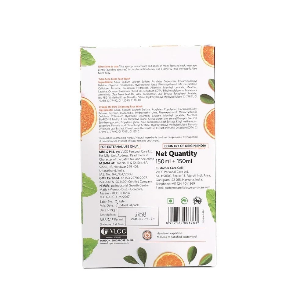 VLCC Tulsi Acne Clear + Orange Oil Cleanser 150ml x2 | Anti-Acne B1G1 Pack