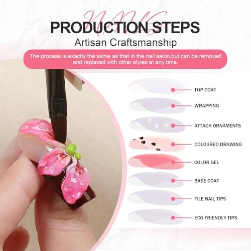 Handmade Press on Nails Long Square Fake Nails with 3D Cherry Pink SGJ1-10