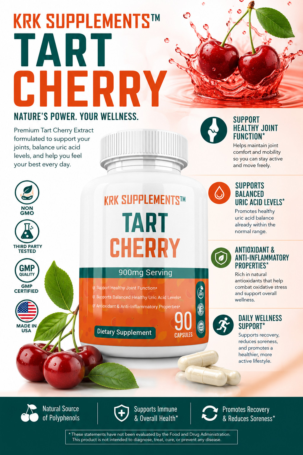 3 Tart Cherry Extract 900mg Gout Joint Pain Arthritis Supplements Anthocyanins