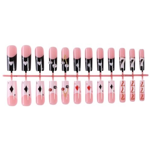Pink & Black Poker Theme Long Square Press on Nails with Black & White Dice