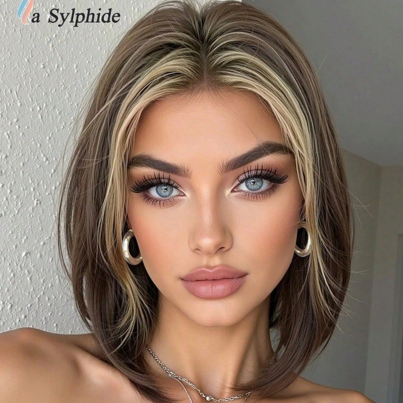 Brown Ombre Middle Part Shoulder Length Short Wig for Women European Style