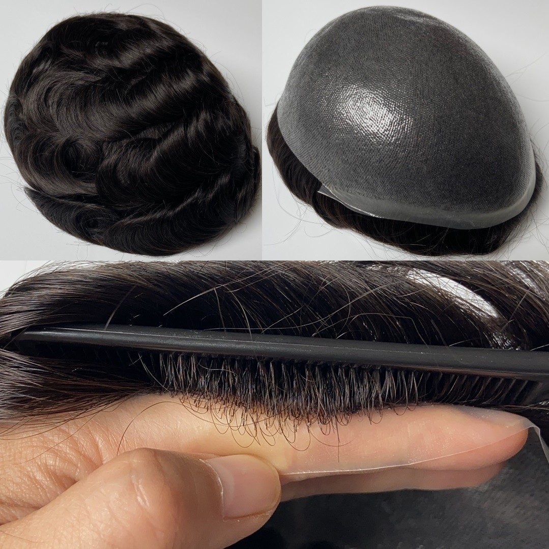 Mens Toupee Human Hair Replacement System 0.05mm Thin Skin Mens Hairpiece #1B
