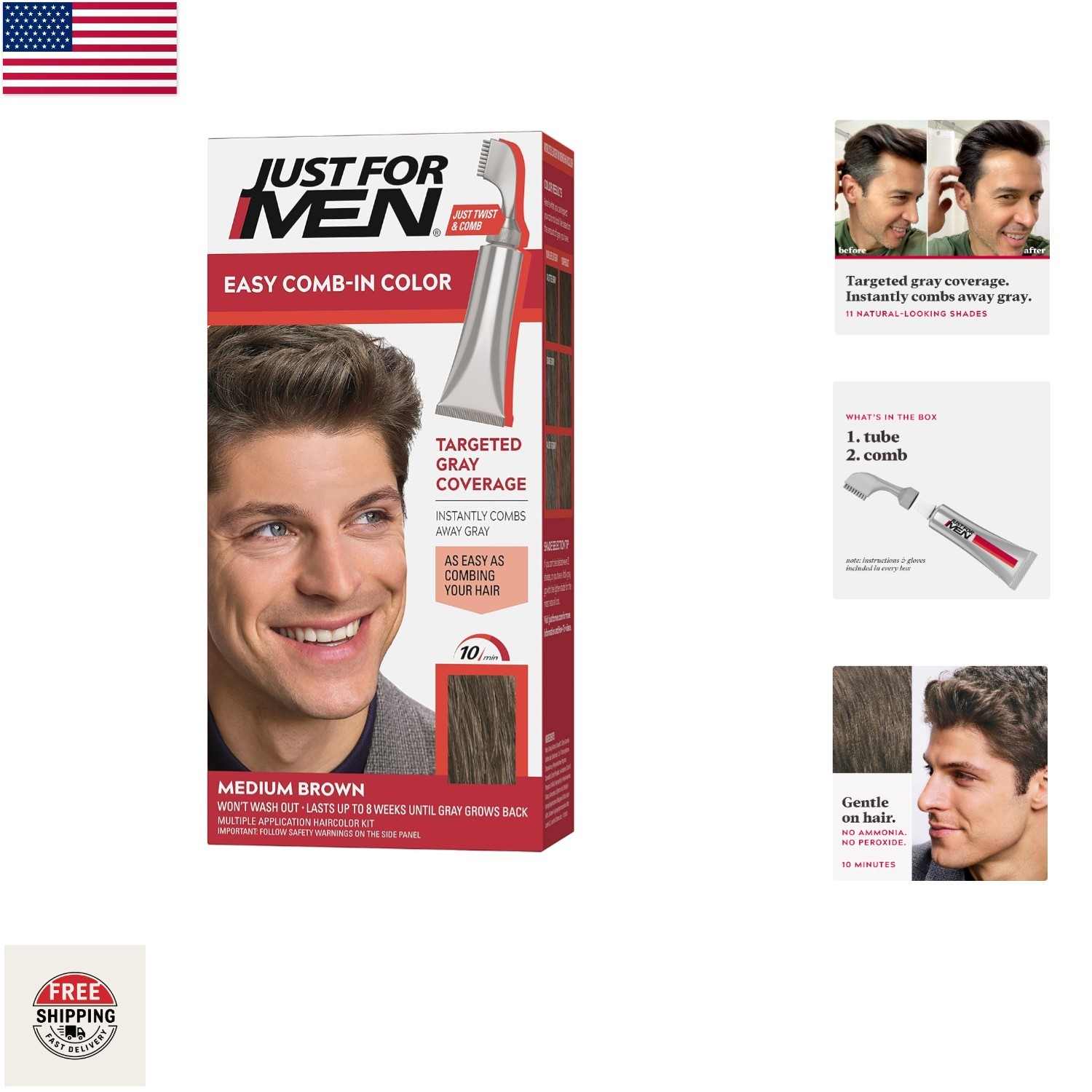 No-Mix Easy Comb-In Color Mens Hair Dye – Lasting Gray Coverage in Medium Brown