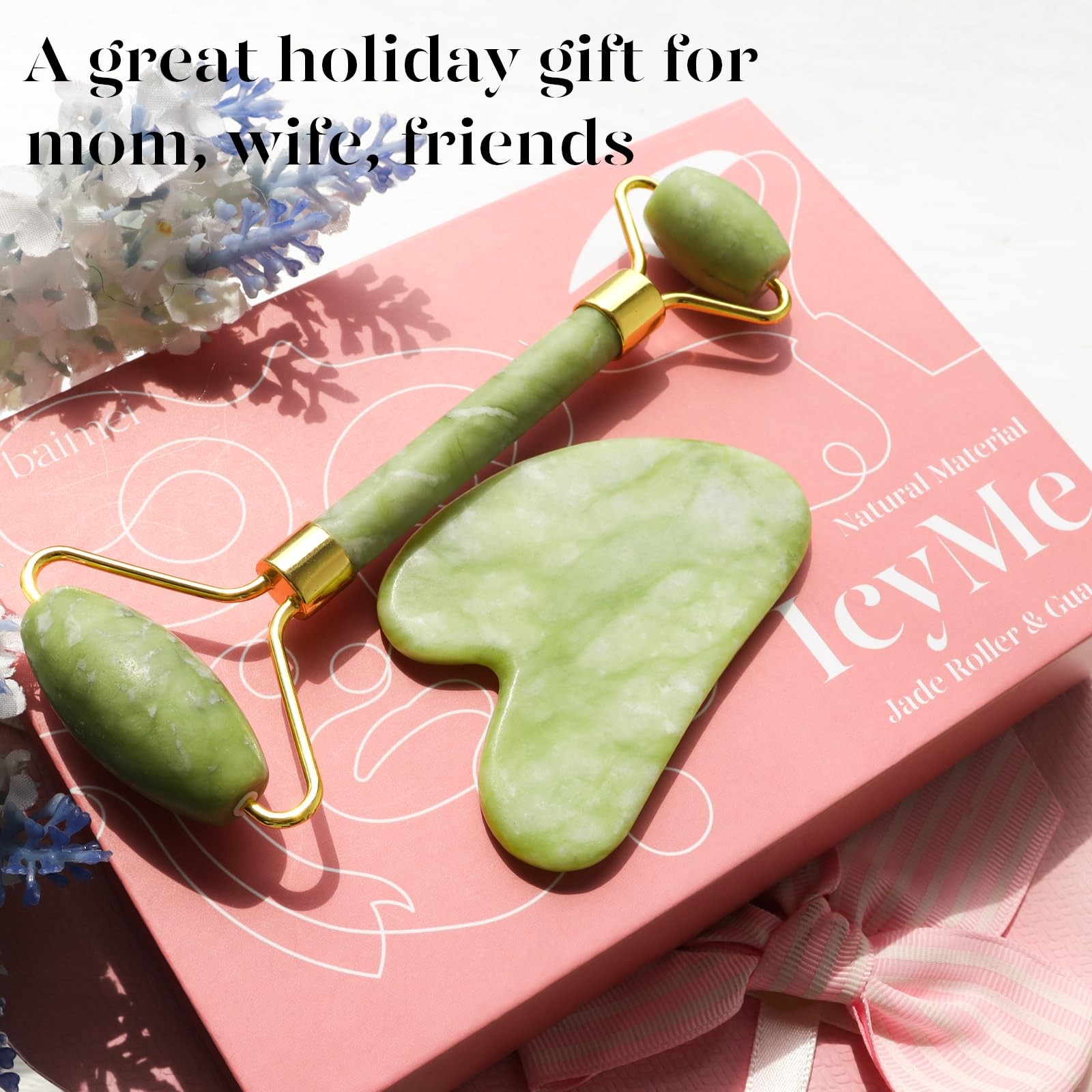 BAIMEI IcyMe Gua Sha & Jade Roller Facial Tools Face 2 Piece Set, Green
