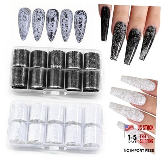 2 Box 20 Rolls Lace Nail Foil Transfer Sheets – Black KIT1 Black&White lace