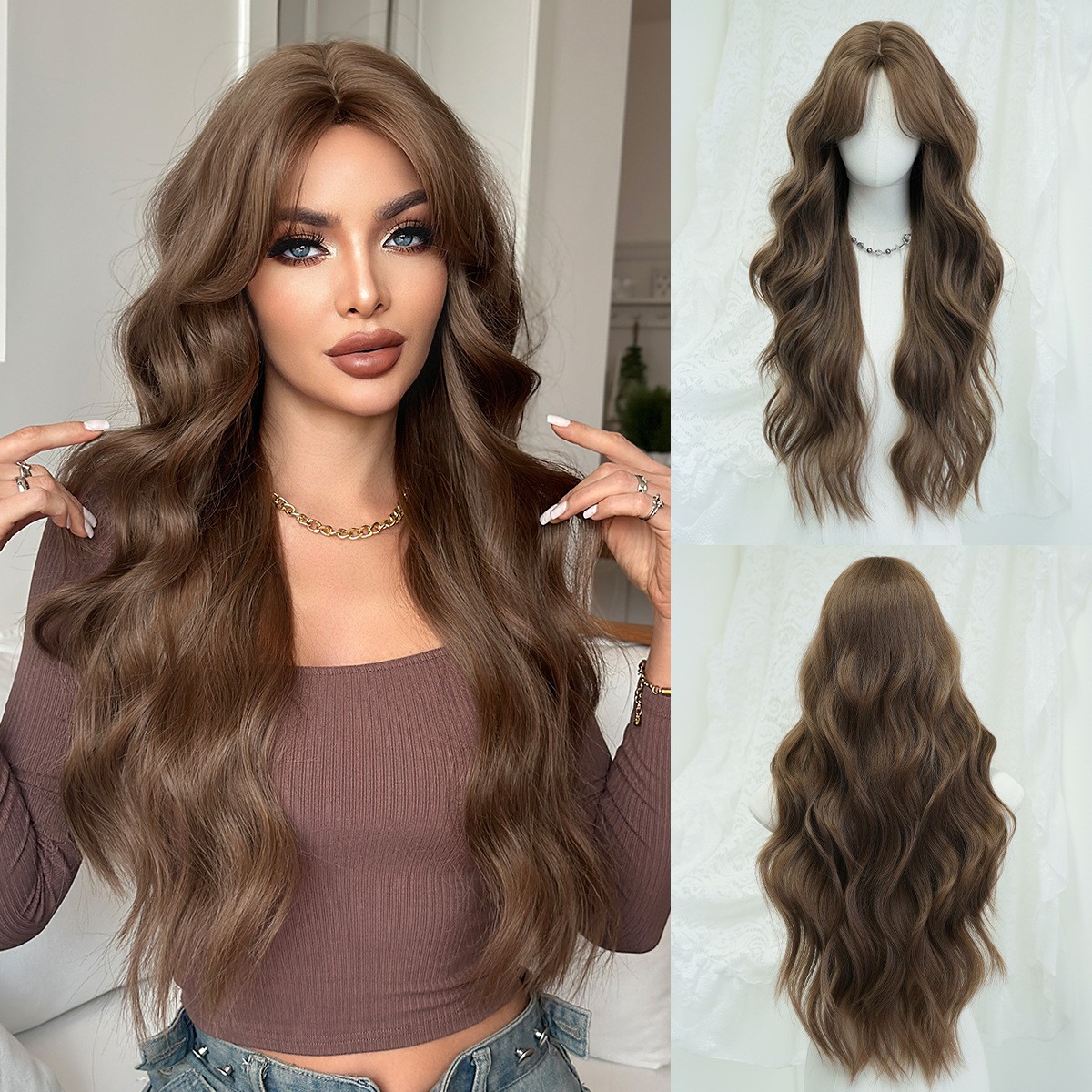 Warm Brown Big Wave Long Wig Invisible Full Head Wig Natural Synthetic Wig for