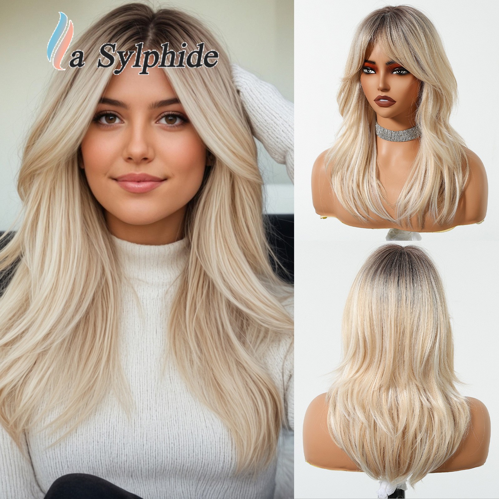 Brown to Golden Ombre Long Curly Wig With Side Bangs Rose Net Synthetic Full Wig