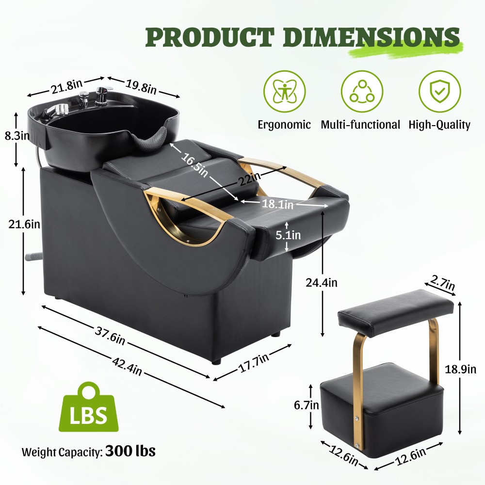Salon Shampoo Bowl and Chair Set ABS Sink PU Leather Black