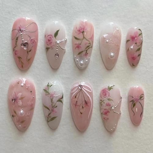 24 Pcs Pink Flower Press on Nails Medium Almond Fake Nails with 3D Pearl 3D-4