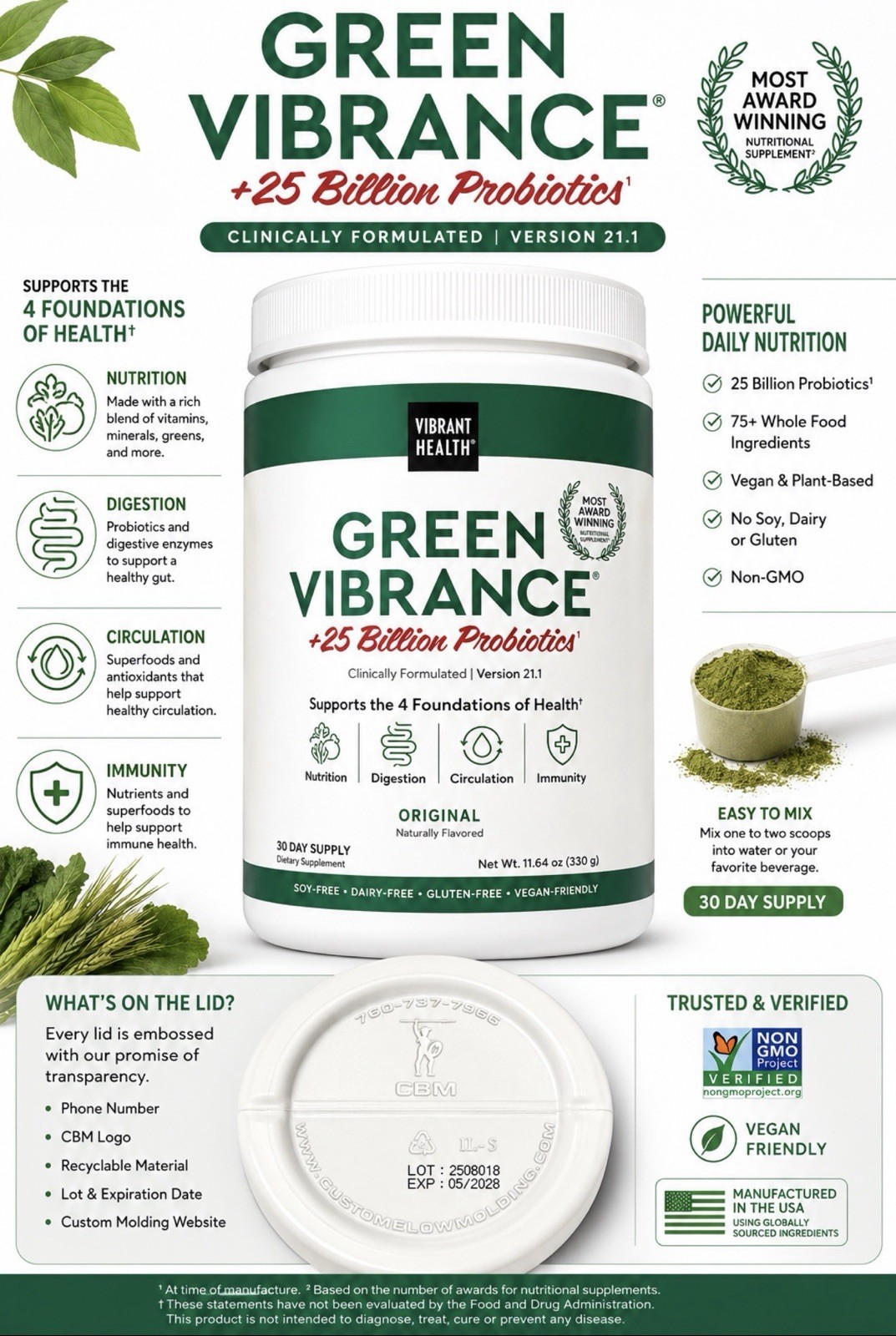 Vibrant Health Green Vibrance Superfood Powder 30 Servings 25 Billion CFU Sealed