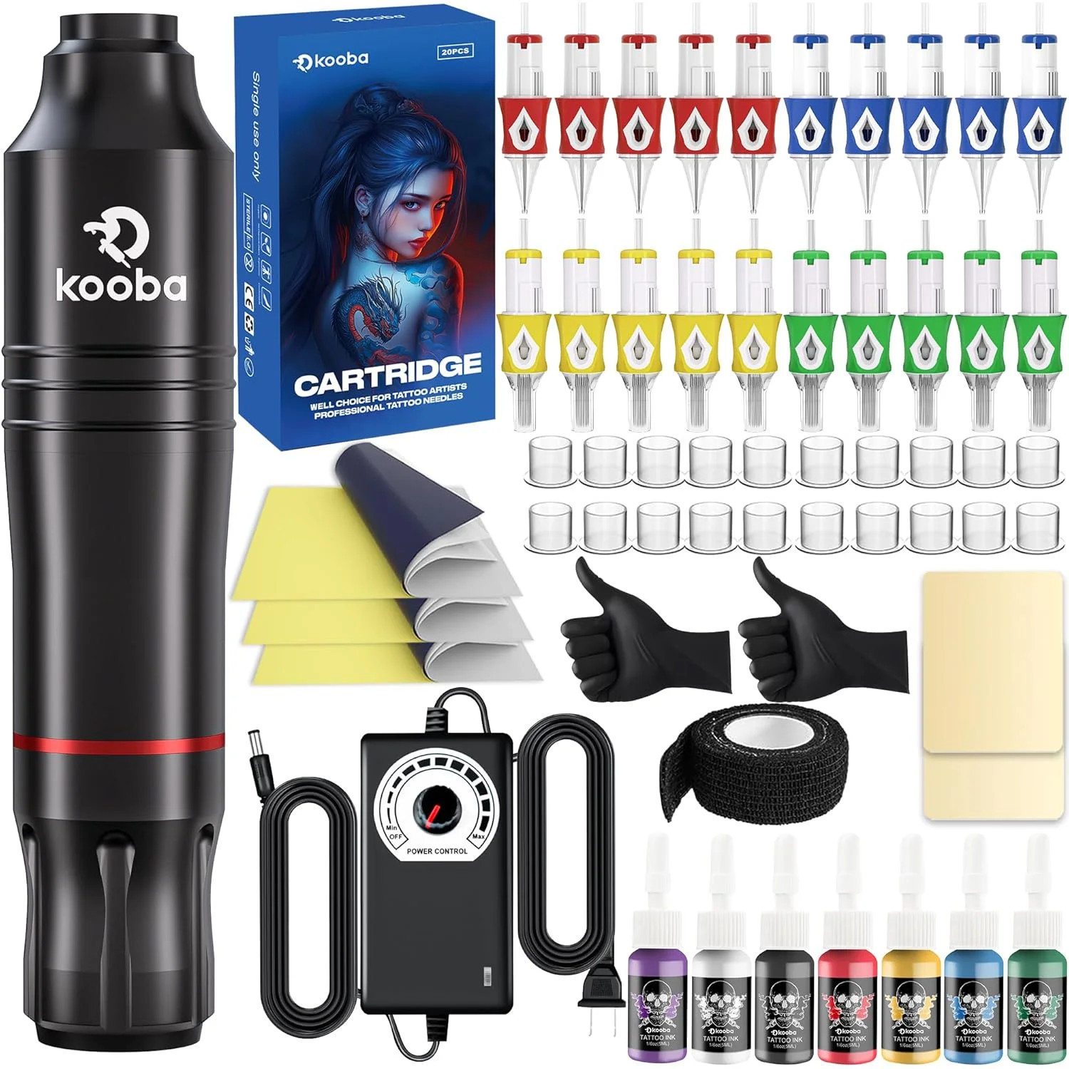Professional Tattoo Machine Kit with Rotary Pen, Power Supply & Ink Set