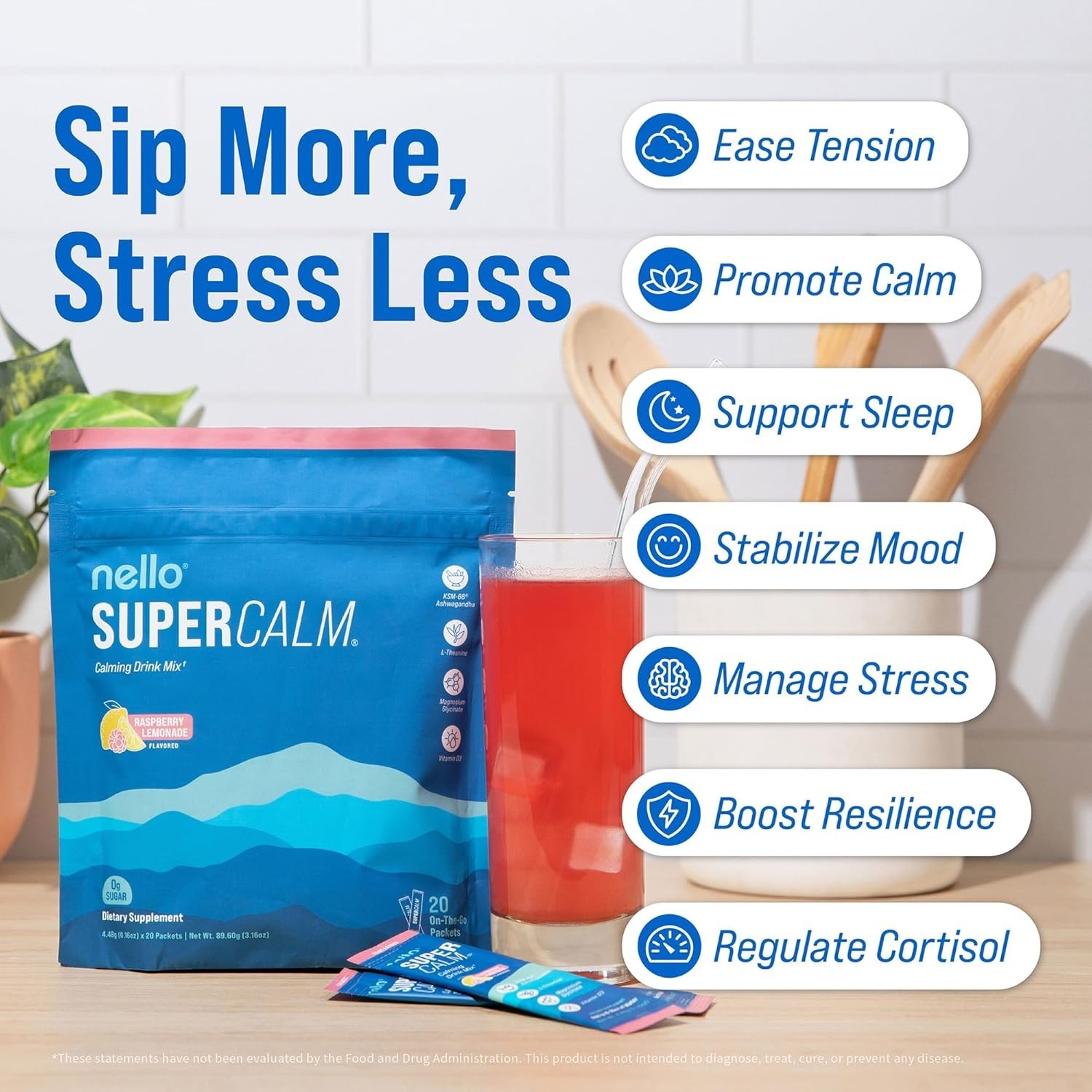 Nello Supercalm – Calming Drink Mix with KSM-66 Ashwagandha, Vitamin D3