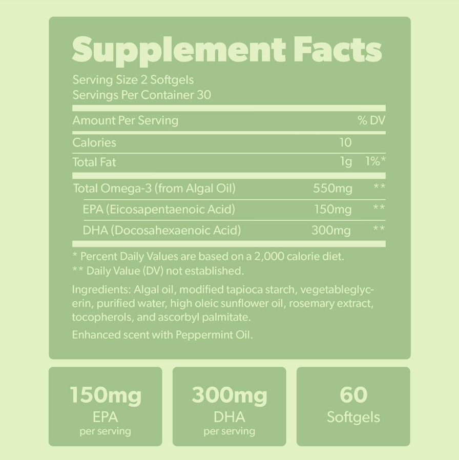 Vegan Omega 3 DHA EPA from Algae, Fish Oil Alternative, Heart Support 60 Ct Plus