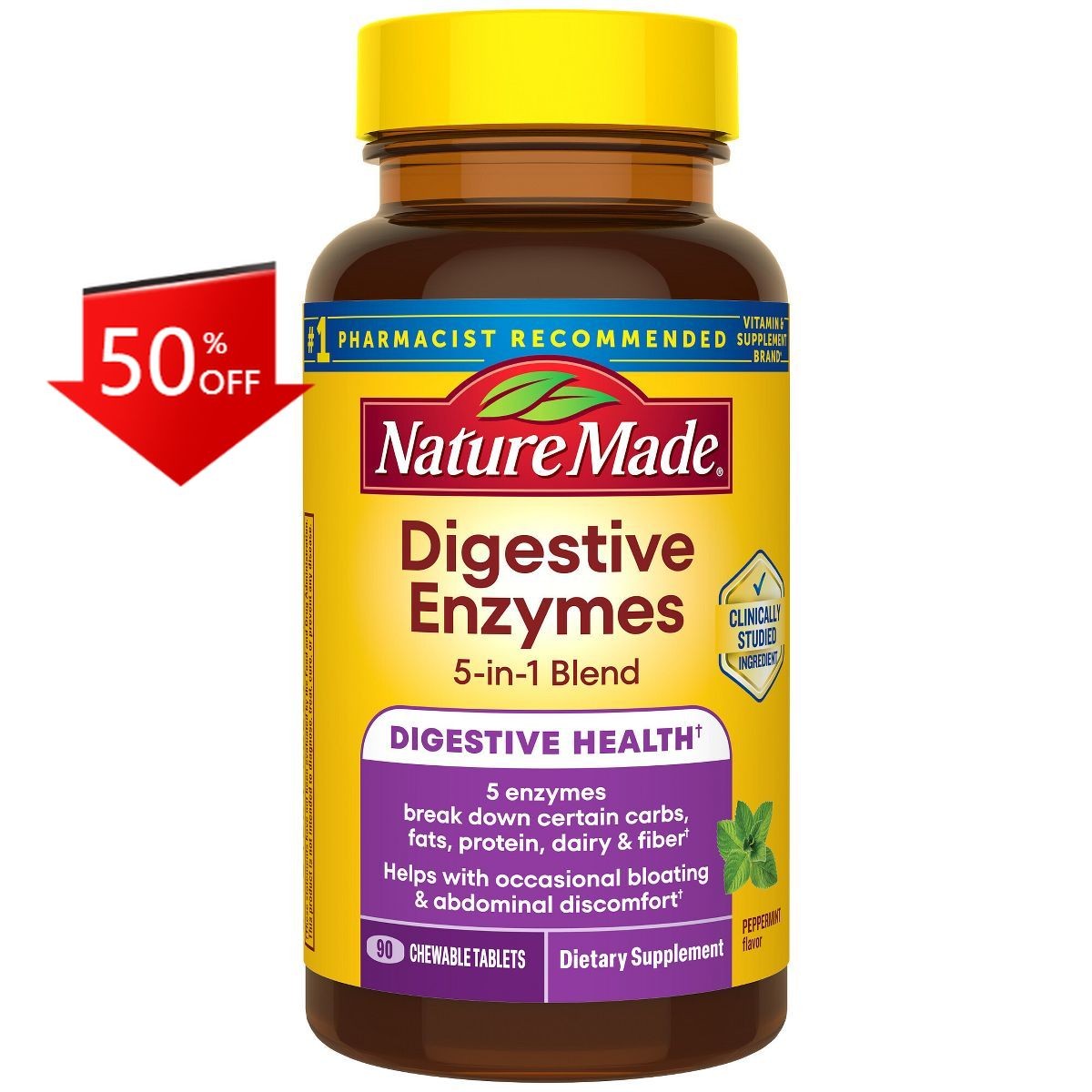 Nature Made Digestive Enzymes for Women and Men, 5-in-1 Blend Chewable – 90ct