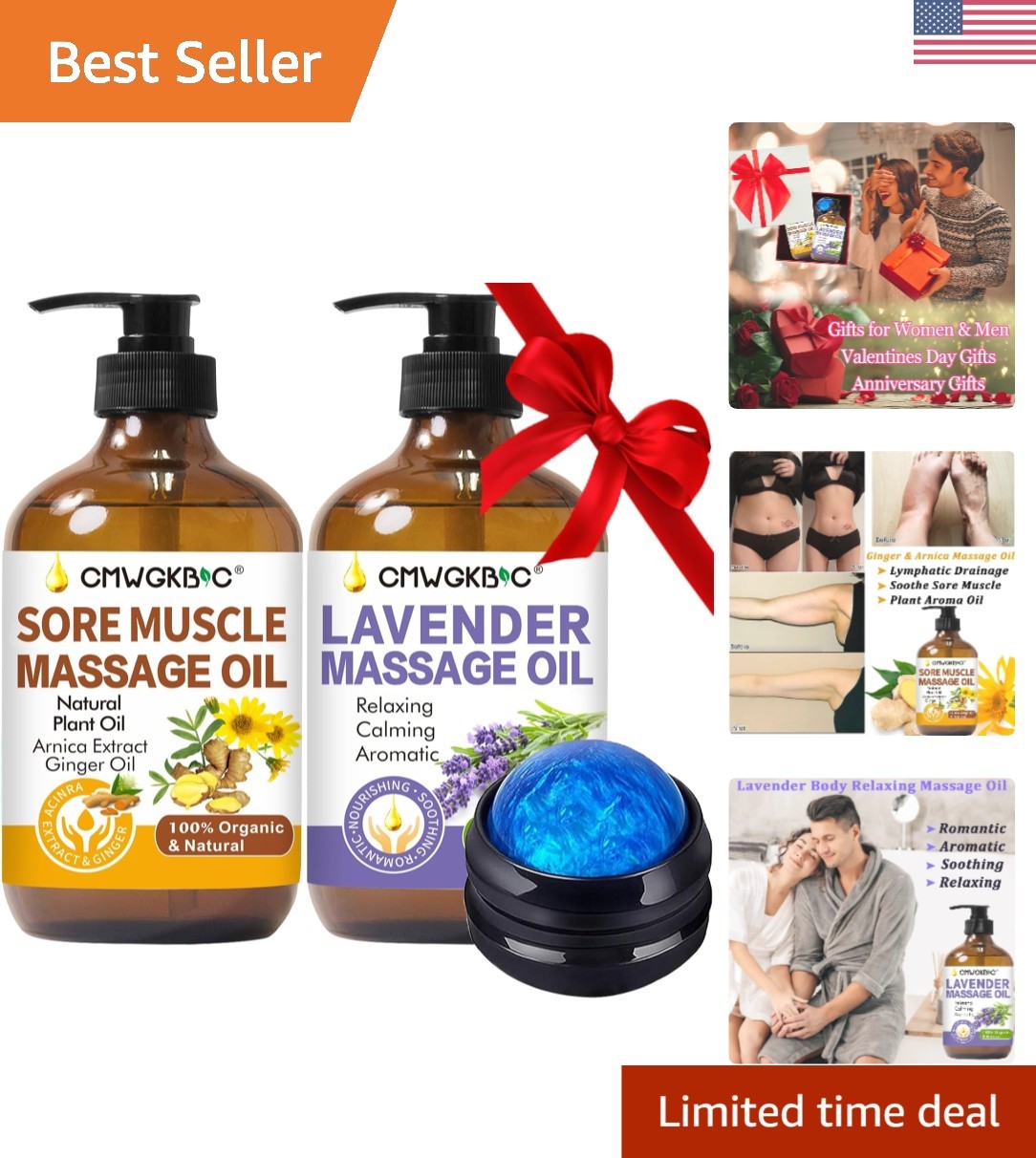 Natural Ginger & Lavender Massage Oil for Muscle Relief – Includes Massage Ball