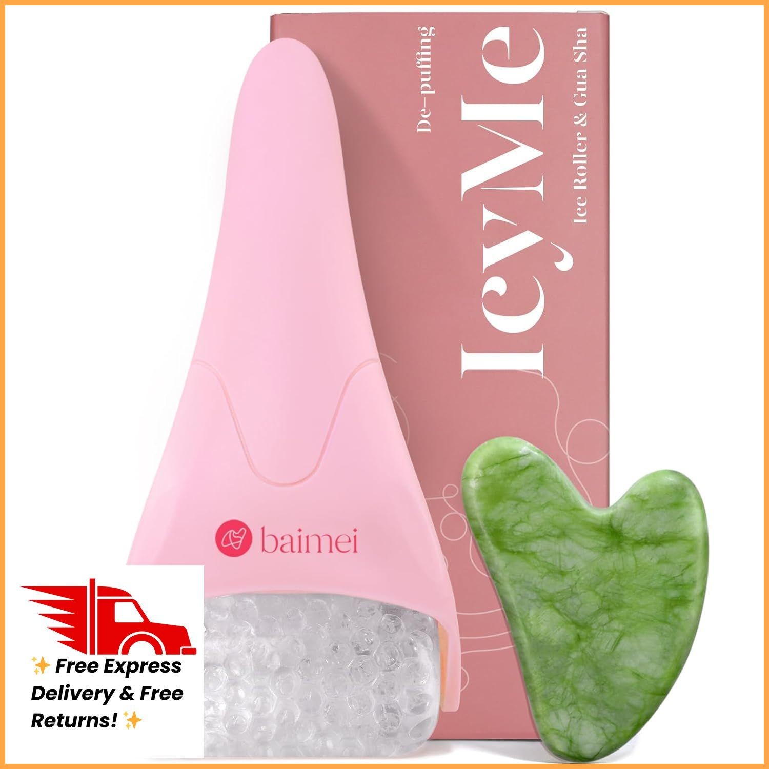 BAIMEI IcyMe Ice Roller for Face and Gua Sha Facial Tool Set, Ice Face Roller Re