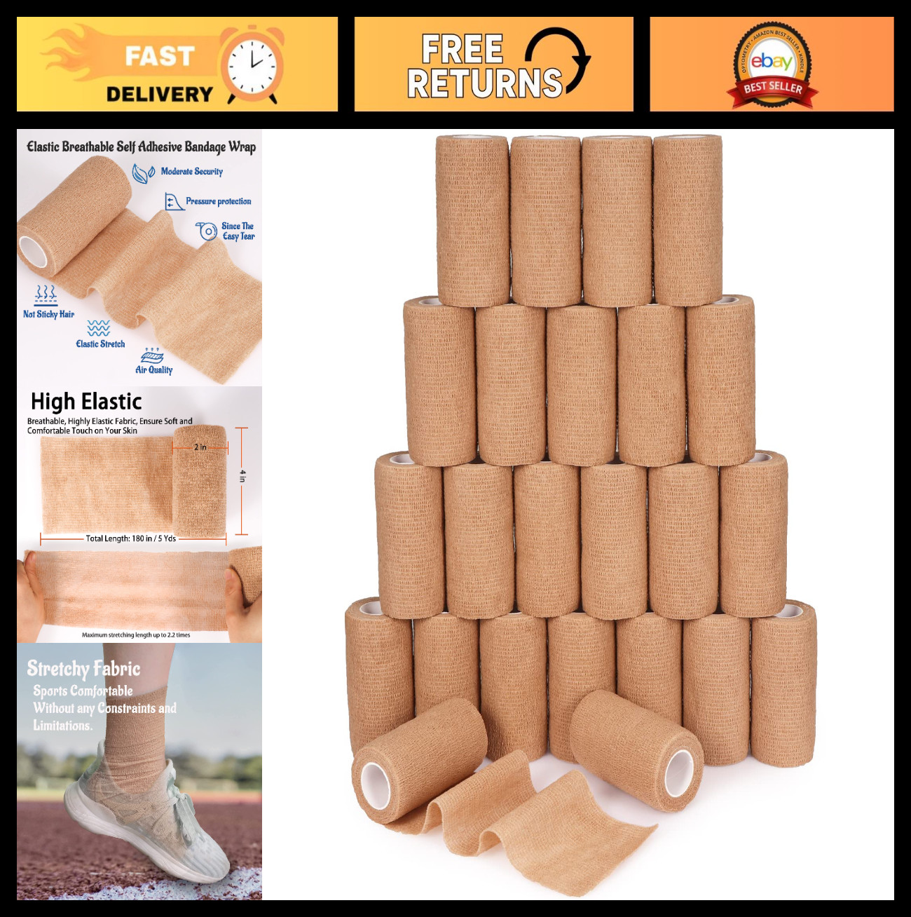 24 Pack Self-Adhesive Cohesive Bandage Wrap 4″ x 5 Yards – Elastic First Aid Tap