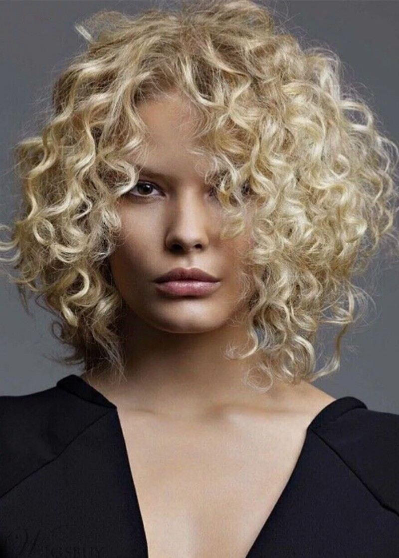 Medium Length Blonde Fluffy Afro Curly Synthetic Hair Wigs Women Natural Wigs