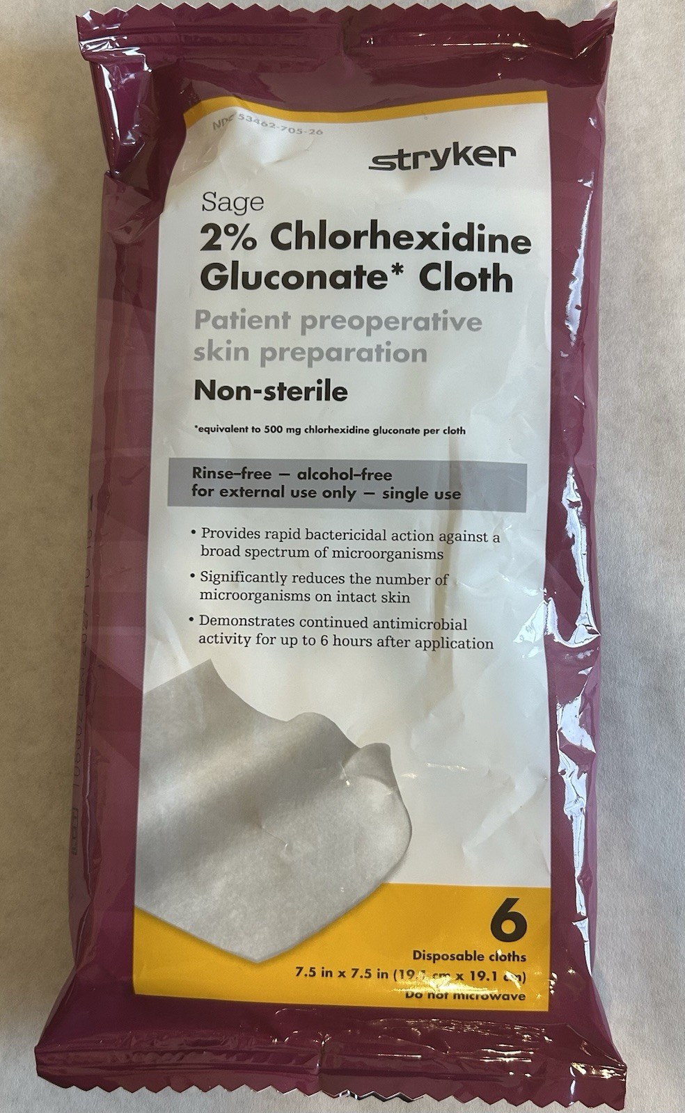 Stryker Sage 2% Chlorhexidine Gluconate Cloth lot of 6 Packs – 6/pack, EXP 10/27