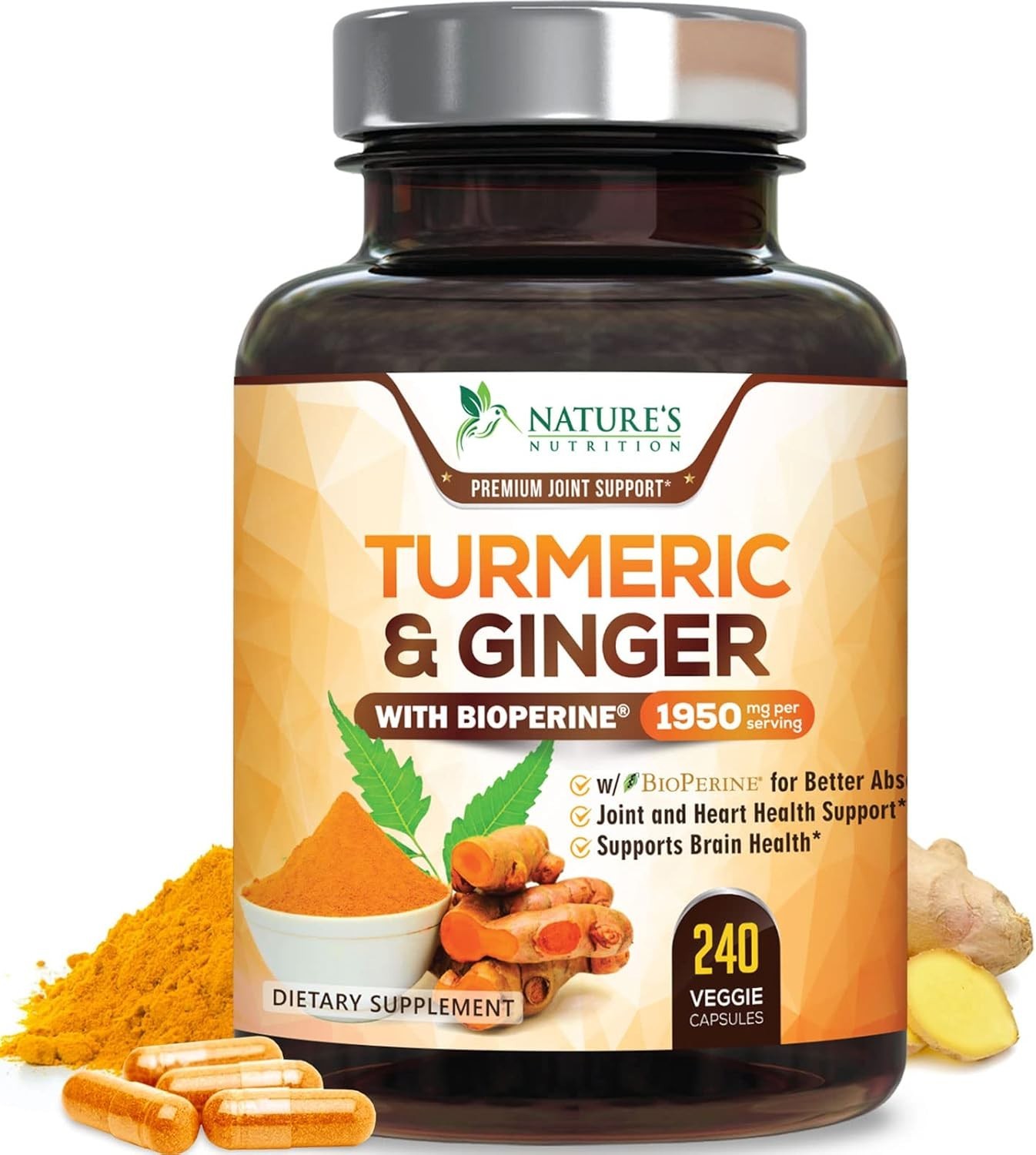 Turmeric Curcumin 95% Curcuminoids with Organic Turmeric & Ginger, 240 Capsules