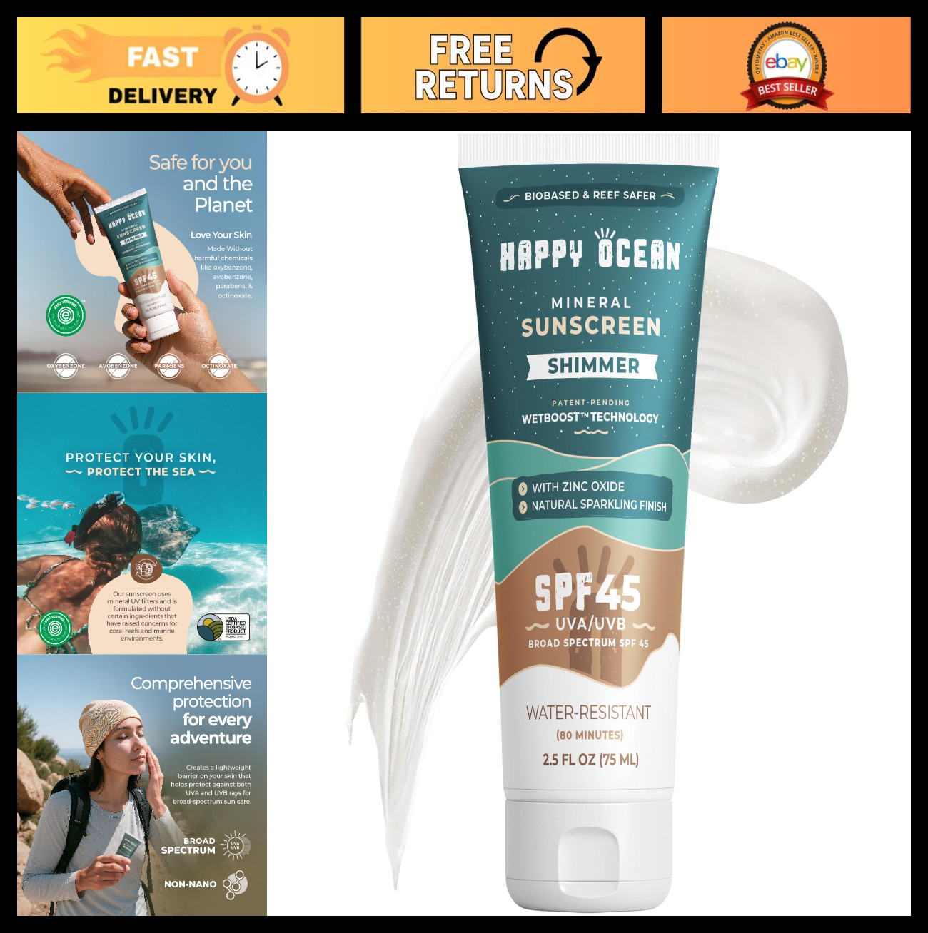 Mineral Glitter Sunscreen SPF 45 – Biodegradable Reef Safe, Water Resistant, 2.5