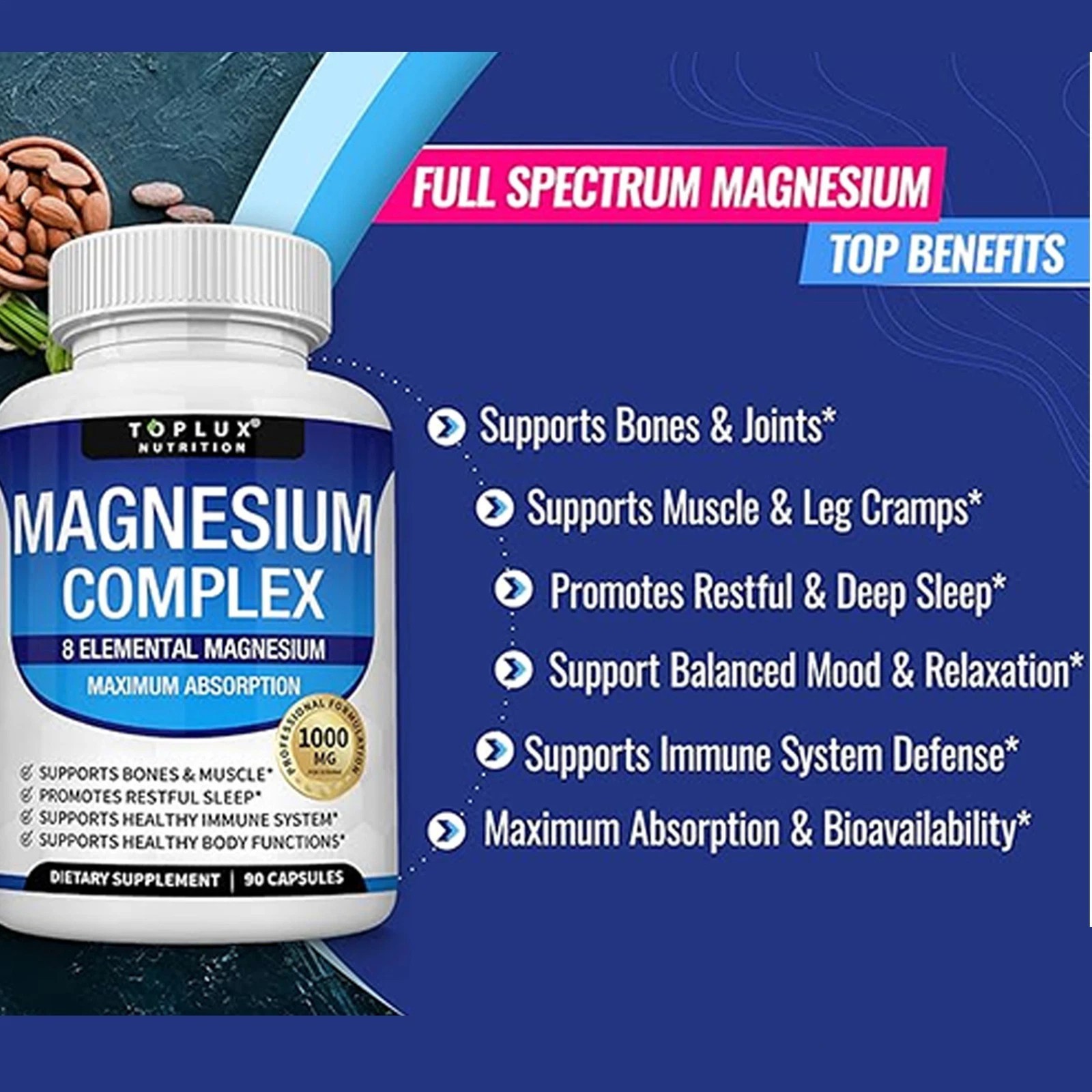3X Toplux Nutrition Magnesium Complex 1000mg Supports 8 Elemental Magnesium