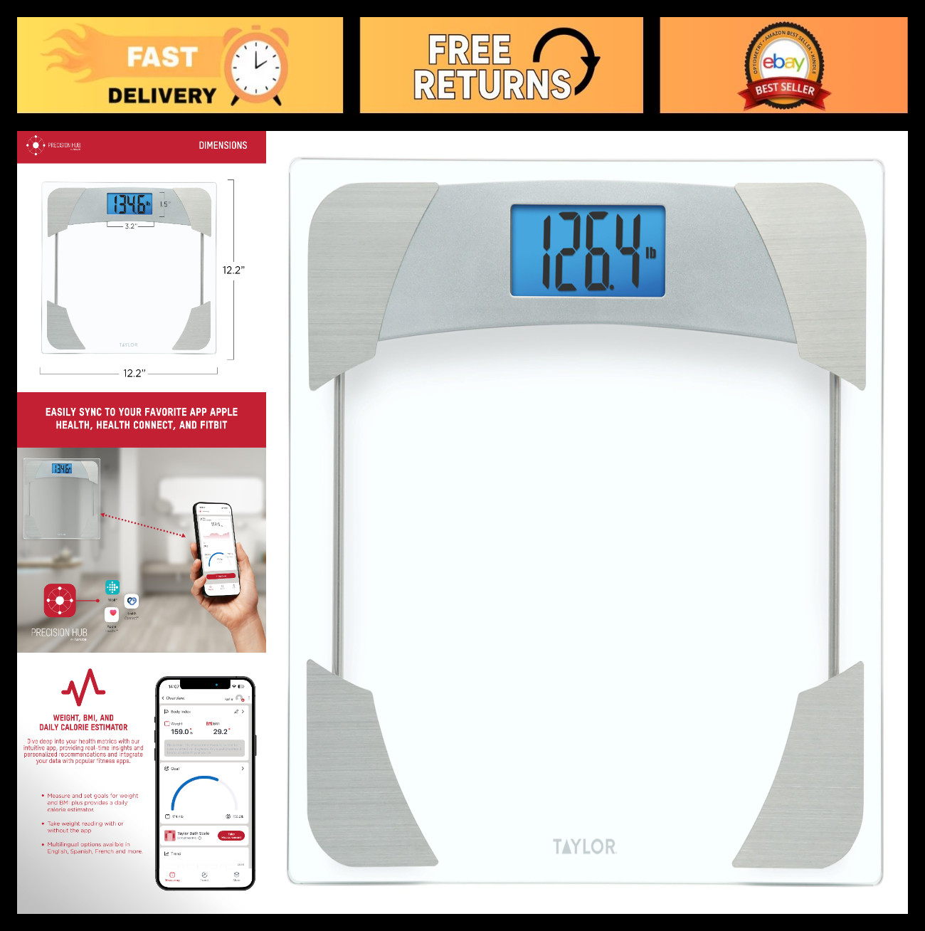 Digital Body Weight Scale, 400 LB Capacity, Blue LCD, Glass Platform, Stainless