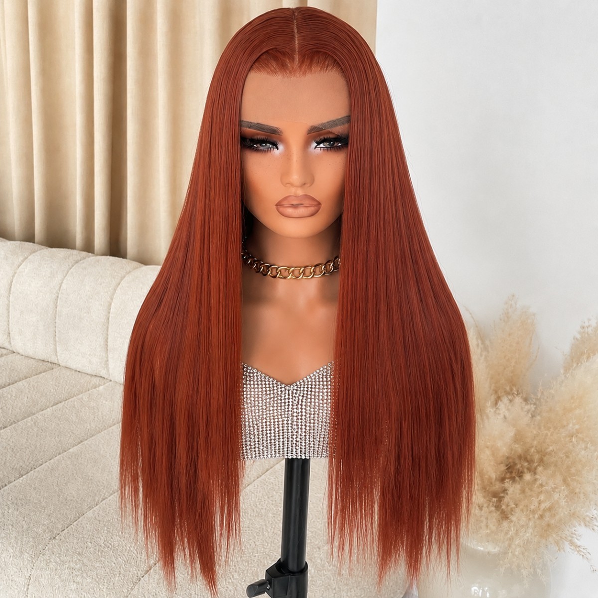 Layered Glue Less Lace Front Wig Copper Red Long Straight Heat Resistant Hair