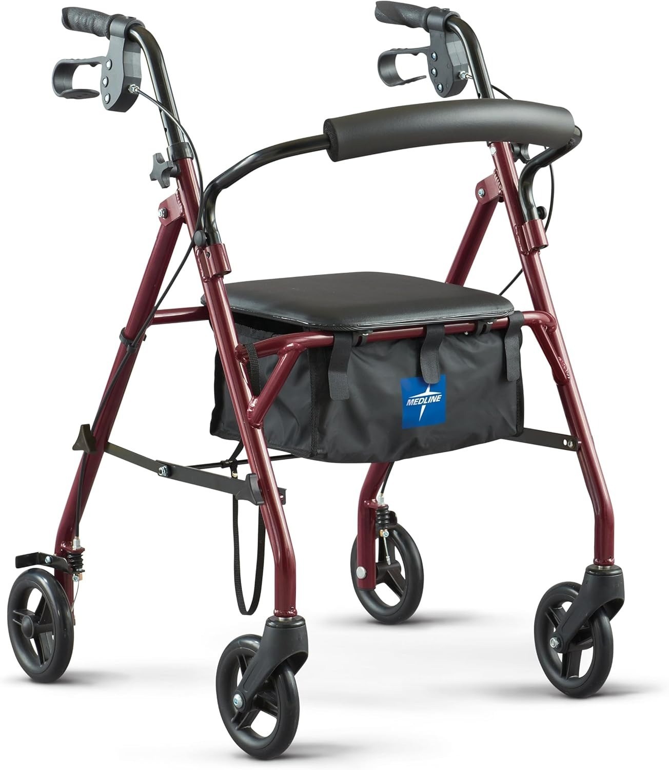 Medline Steel Rollator Walker with Seat, 350 lbs, 6” Wheels, Burgundy