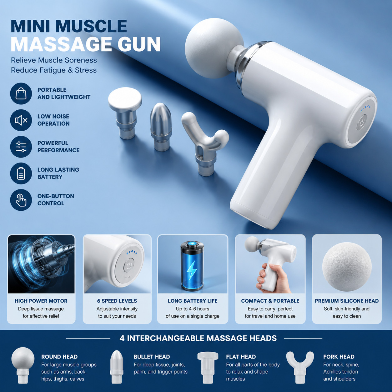 A Portable Electric Fascia Massage Gun, 4 Replaceable Massage Heads, 6-Speed Mod