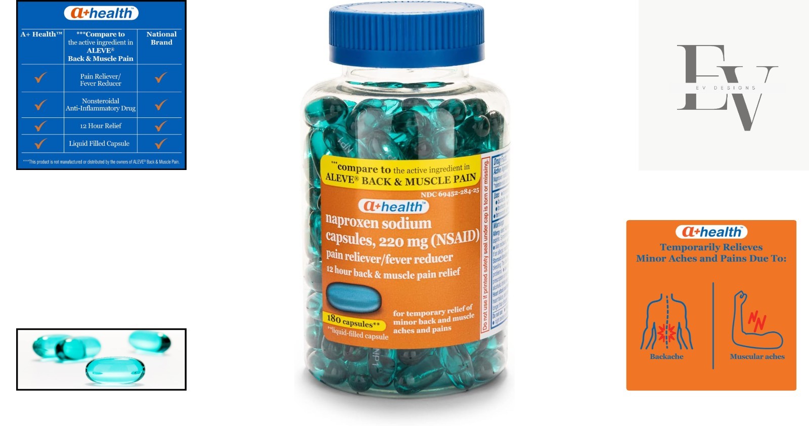 Pain Relief Naproxen Sodium Liquid-Filled Capsules – 180 Count, Easy to Swallow