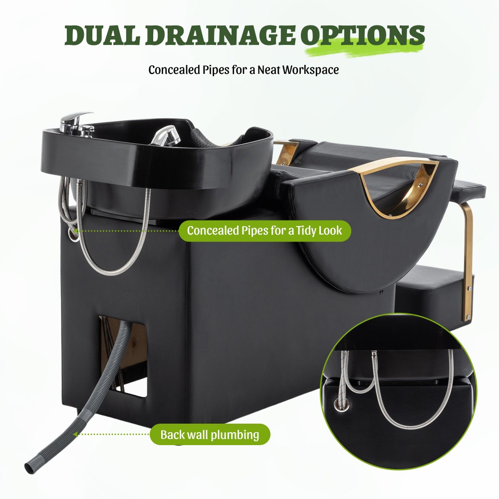 Salon Shampoo Bowl and Chair Set ABS Sink PU Leather Black