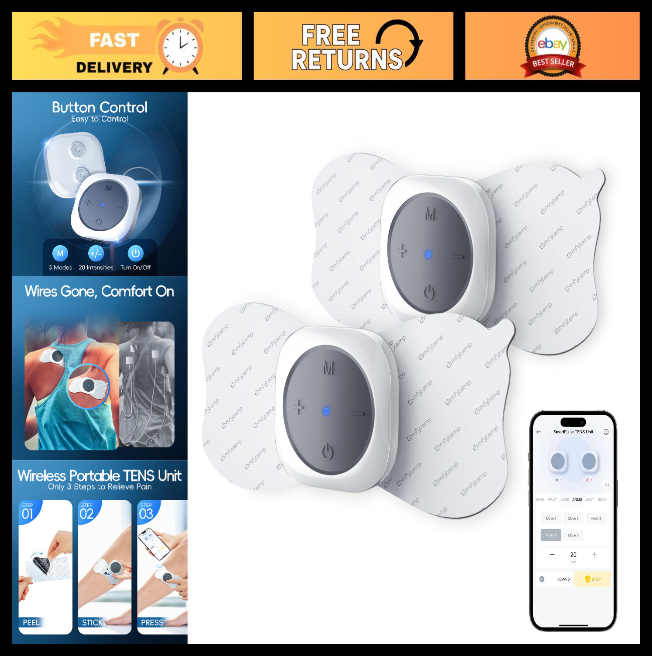 Wireless TENS Unit for Pain Relief, Rechargeable Muscle Stimulator, 30 Modes, AP