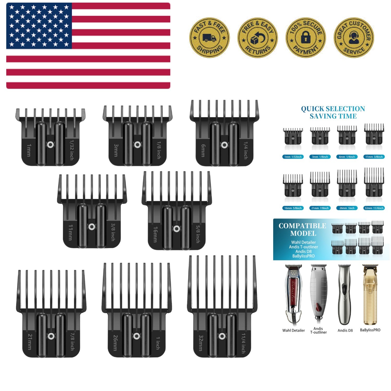 8 Trimmer Guards Fits for BaBylissPRO Barberology Outlining Hair Trimmers FX…