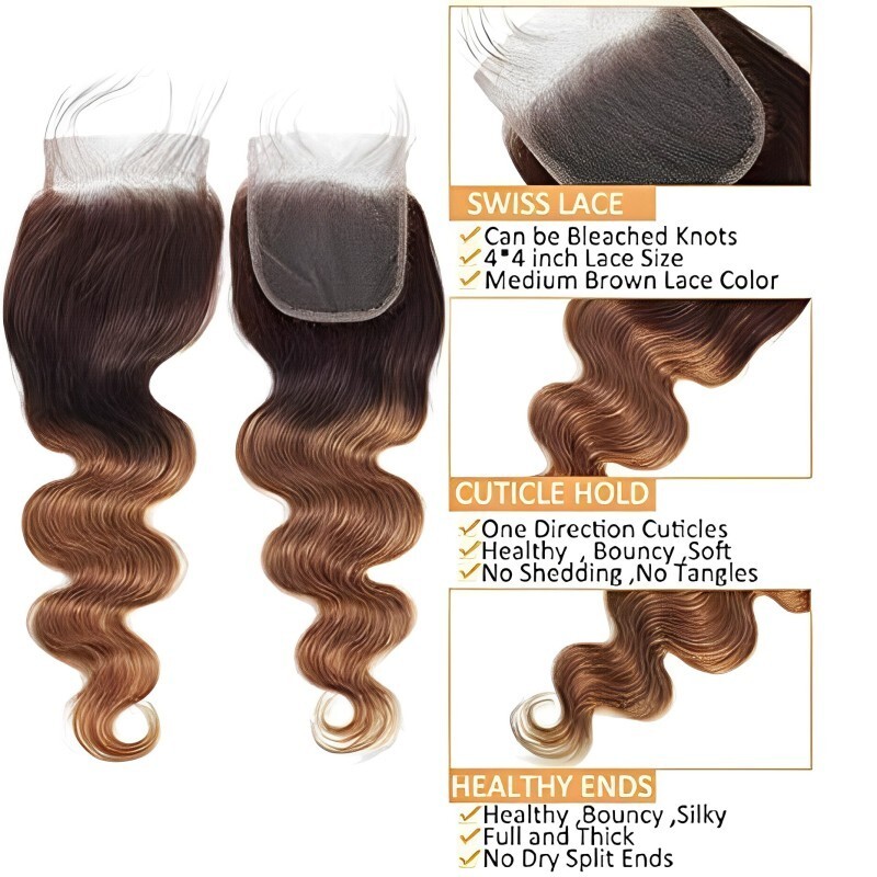 16″ 18″ 20″ Ombre Body Wave Human Hair 3 Bundles + 14″ Closure
